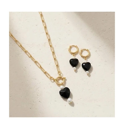 Joey Baby Stainless Steel Heart Drop Necklace and Earrings Set with Freshwater Pearl