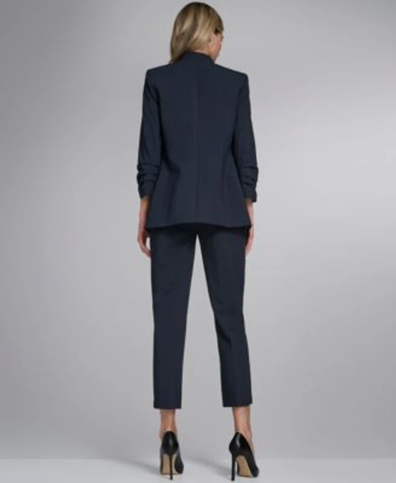 Calvin Klein Womens Sleeveless Collared Blouse With Pleated Front Open From Ruched Sleeve Jacket Slim Leg Pant