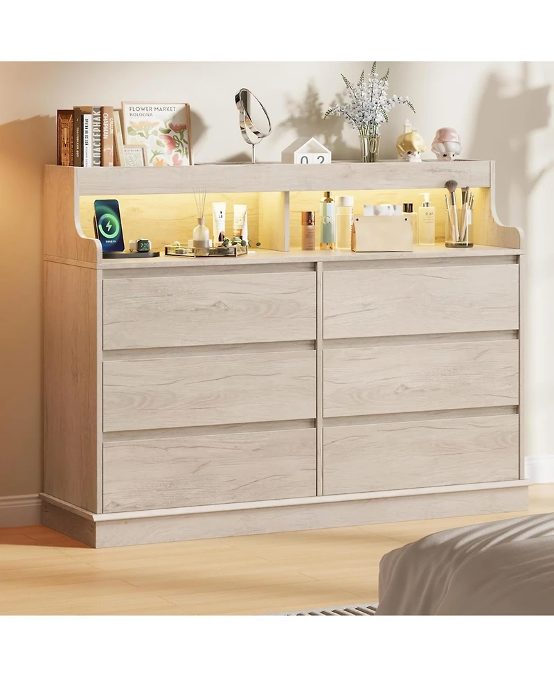 Gaomon 6 Drawer Dresser for Bedroom with Led Lights and Charging Station, Wooden Chest of Drawers with Spacious Top for Closet, Hallway, Living Room