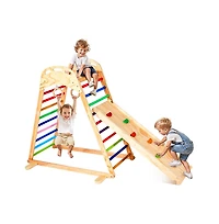 Slickblue Indoor Playground Jungle Gym, 4-in-1 Wooden Indoor Playground Playset with Climbing Rock, Slide, Wooden Ladder & Gym Rings