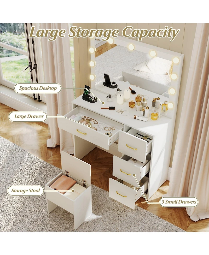 Vanity Desk with Lighted Mirror and Power Outlets, Makeup Dressing Table
