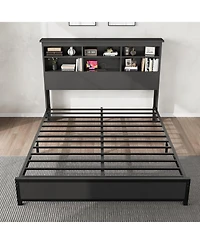 gaomon Queen Size Bed Frame with Bookcase Headboard, 2-Tier Storage Platform, Usb Charging Station, No Box Spring, Easy Assembly