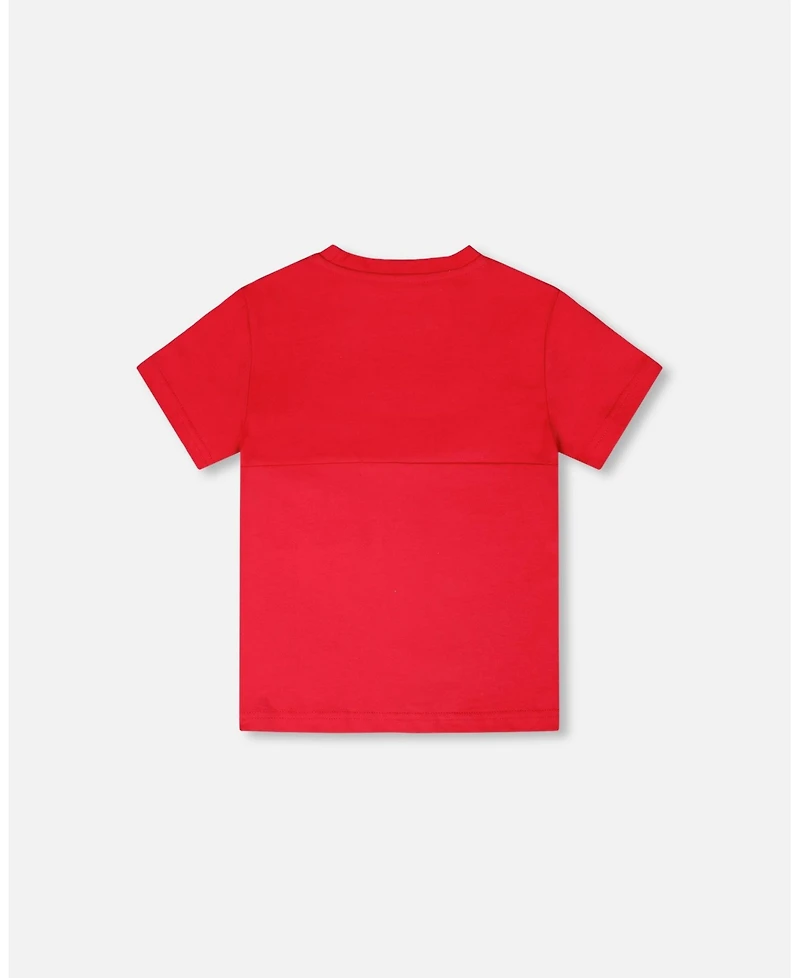 Deux par Big Boys Cotton Colorblock Jersey T-Shirt with Chest Pocket Rouge