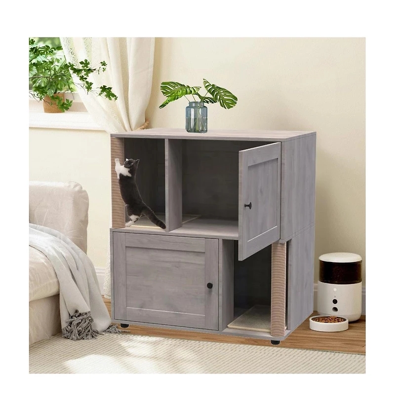 gaomon Double Room Cat Litter Box Enclosure for 2 Cats, Hidden Litterbox Furniture with Scratch Posts and Double-Layer Mat