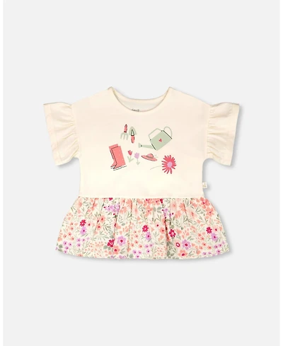 Deux par Toddler Girls Cotton Bi-Material Tunic Flowers Print