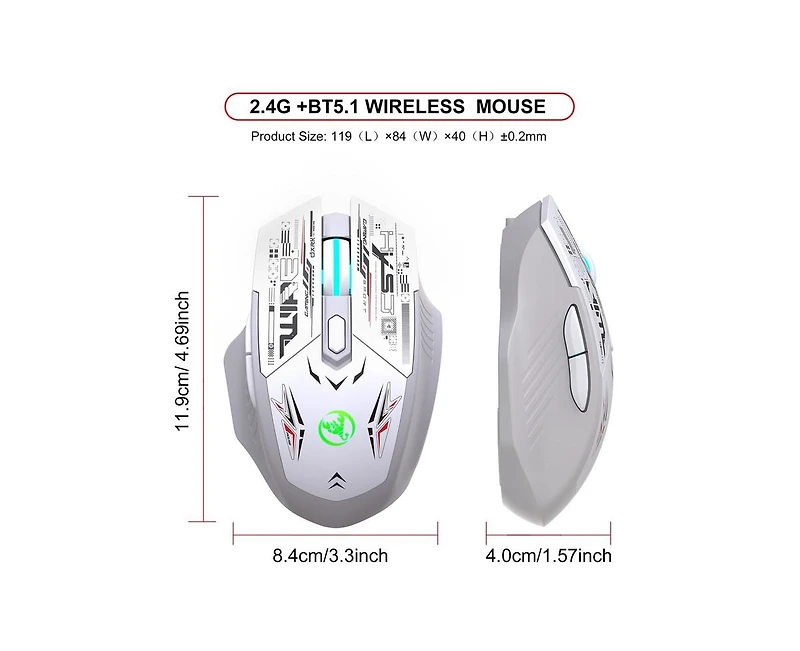 Risokeys Dual Mode 2.4G & Bluetooth 5.1 Wireless Gaming Mouse with Silent Click, Rechargeable, 3 Level Adjustable Dpi
