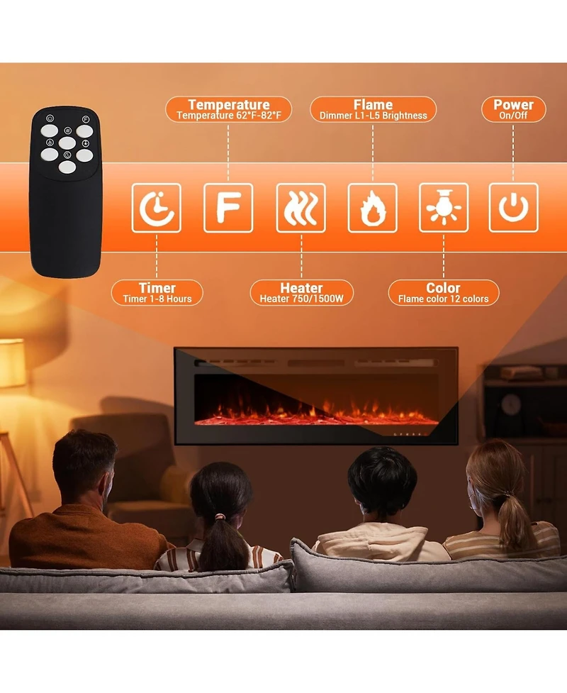 Gaomon 60" Wall-Mounted Electric Fireplace with Heater, 750/1500W, 12 Flame Colors, Remote & WiFi, Slim Recessed Design