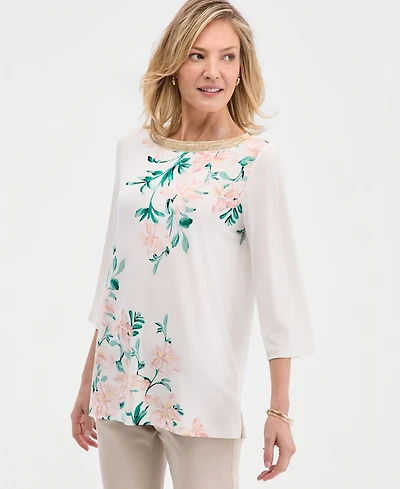 Jm Collection Women's Printed Embellished 3/4-Sleeve Boat-Neck Top, Macy's Exclusive