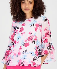 Kasper Petite Floral 3/4-Sleeve Ruffled-Cuff Blouse