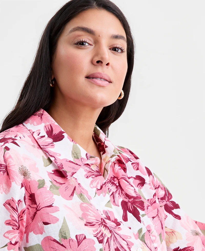 Charter Club Plus Linen Floral-Print Flounce Shirtdress, Macy's Exclusive