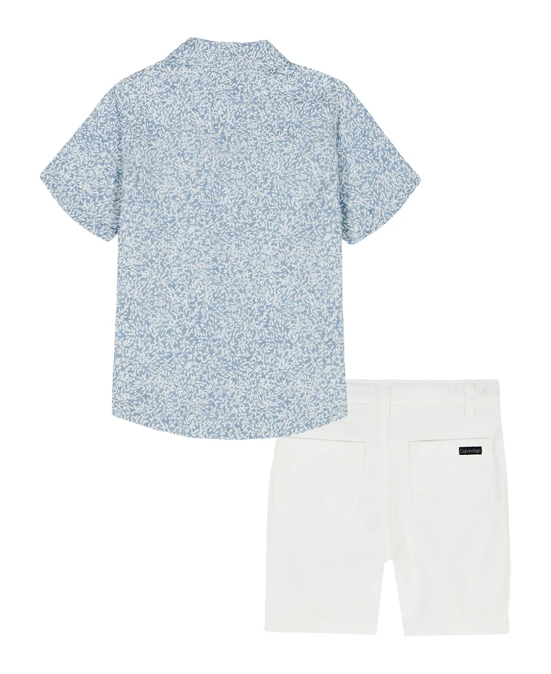 Calvin Klein Boys' 2T-7 Printed Poplin Button-Front Shirt and Twill Shorts, 2-Piece Set