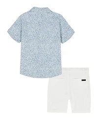 Calvin Klein Boys' 2T-7 Printed Poplin Button-Front Shirt and Twill Shorts, 2-Piece Set