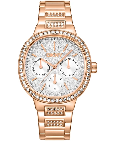 Dkny Women's Silver Crystal Covered Dial and Bezel Red-Gold Tone Stainless Steel Bracelet Multifunctional Watch, 36mm