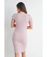 Hello Miz Maternity Floral Ribbed Mini Dress with Short Puff Sleeves