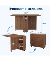 gaomon Space Saving Folding Dining Table with Storage - Kitchen 6 Wheels, Drawer & Shelves, Compact for Small Spaces