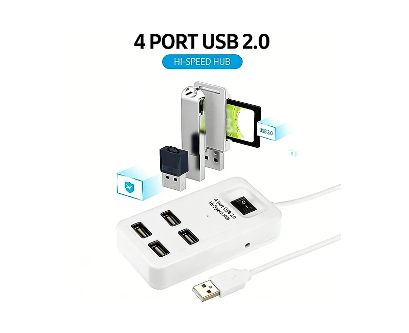 Risokeys Usb 2.0 4-Port Hub with Power Switch, 480Mbps High-Speed Splitter, for Laptop & Desktop Users,Ideal for Home Office
