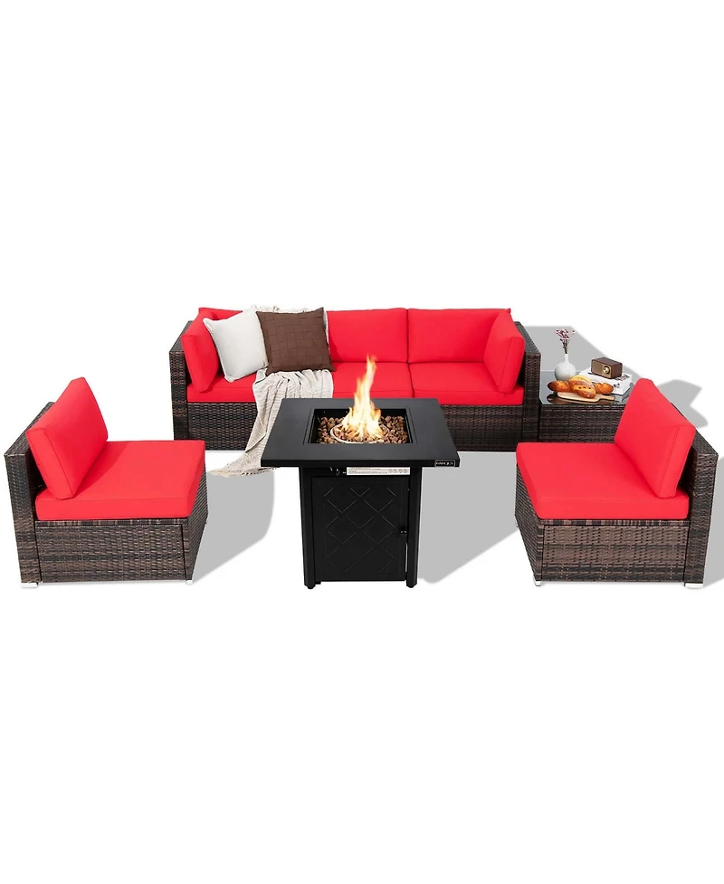 Costway 7 pieces Patio Furniture Set with 28" 50000 Btu Propane Gas Fire Pit Table Cushions