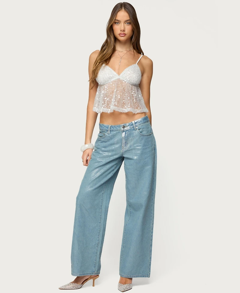 Edikted Women's Sheer Sequin Babydoll Tank Top