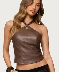 Edikted Womens Sandria Ring Faux Leather Halter Top