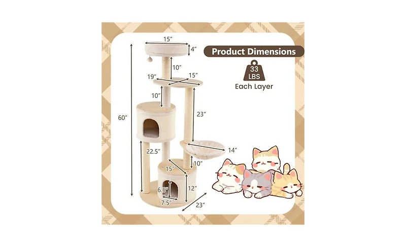 Aostirmotor Wood Cat Tree, 60-Inch Tall Multi-Level Tower with Sisal Scratching Posts & Condos, Sturdy Structure for Indoor Cats