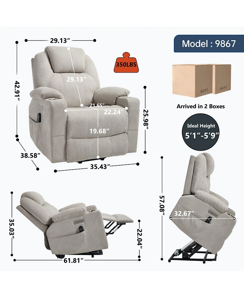 Clihome Up to 350 Lbs polyester Power Lift Recliner Chair, Heavy Duty Motion Mechanism with 8-Point Vibration Massage and Lumbar