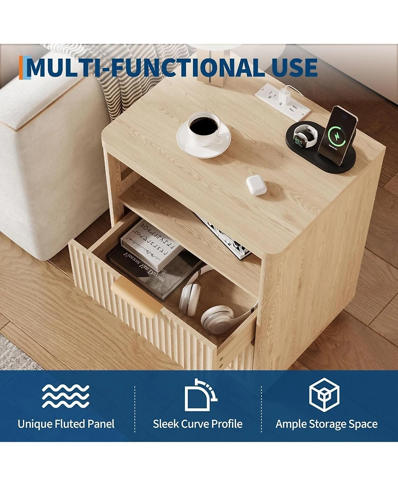 gaomon Fluted Nightstand with Charging Station, Mid Century Modern Fluted Nightstand