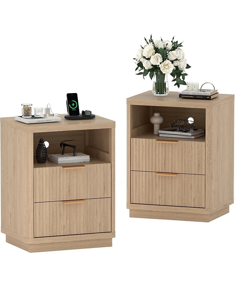 gaomon Fluted Nightstand with Charging Station, Mid Century Modern Fluted Nightstand