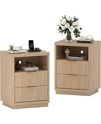 gaomon Fluted Nightstand with Charging Station, Mid Century Modern Fluted Nightstand