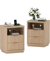 Gaomon Fluted Nightstand With Charging Station Mid Century Modern Fluted Nightstand 2 Drawers Wooden Night Stand
