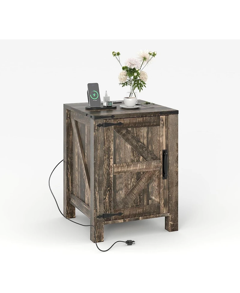 gaomon Rustic Farmhouse Nightstand with Charging Station, Barn Door & Adjustable Storage Shelf