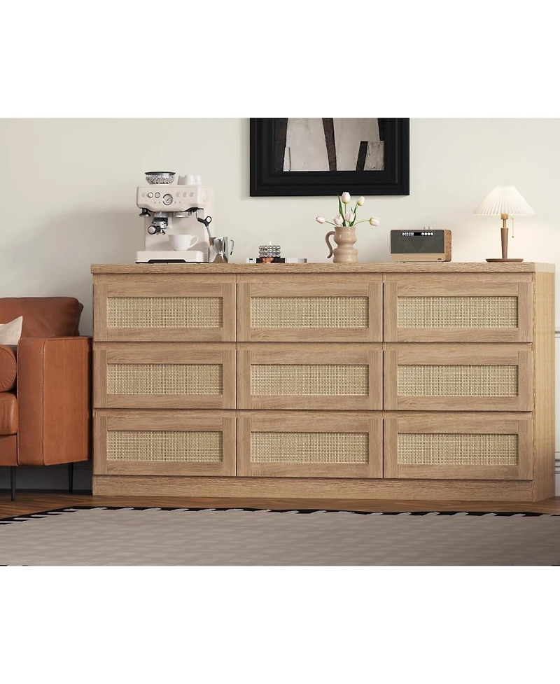 Gamon 9 Drawer Natural Farmhouse Rattan Dresser with Charging Station, Sturdy Wooden Storage Organizer for Bedroom Closet Entryway