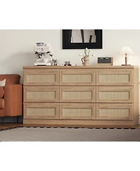 Gamon 9 Drawer Natural Farmhouse Rattan Dresser with Charging Station, Sturdy Wooden Storage Organizer for Bedroom Closet Entryway