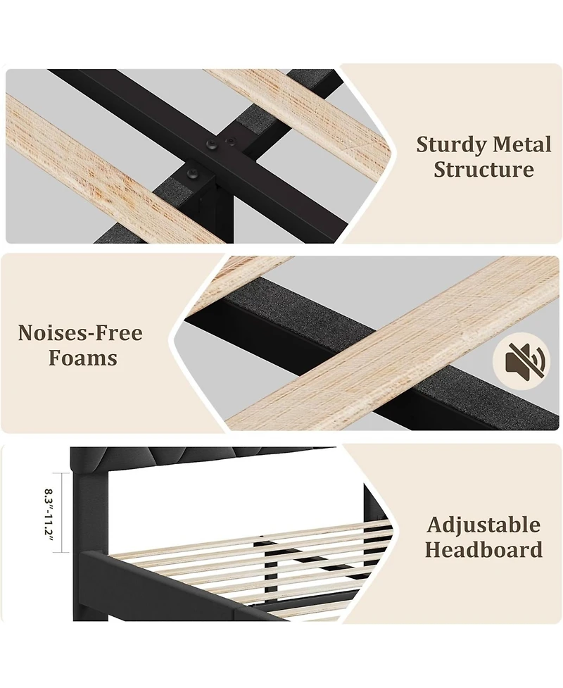 gaomon Bed Frame with Adjustable Headboard, Upholstered Platform Sturdy Wood Slats Support, No Box Spring Needed