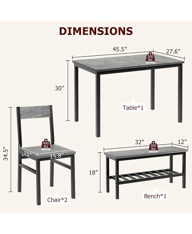 gaomon Kitchen Table and 2 Chairs for 4 with Bench,4Pcs Dining Table Set,Small