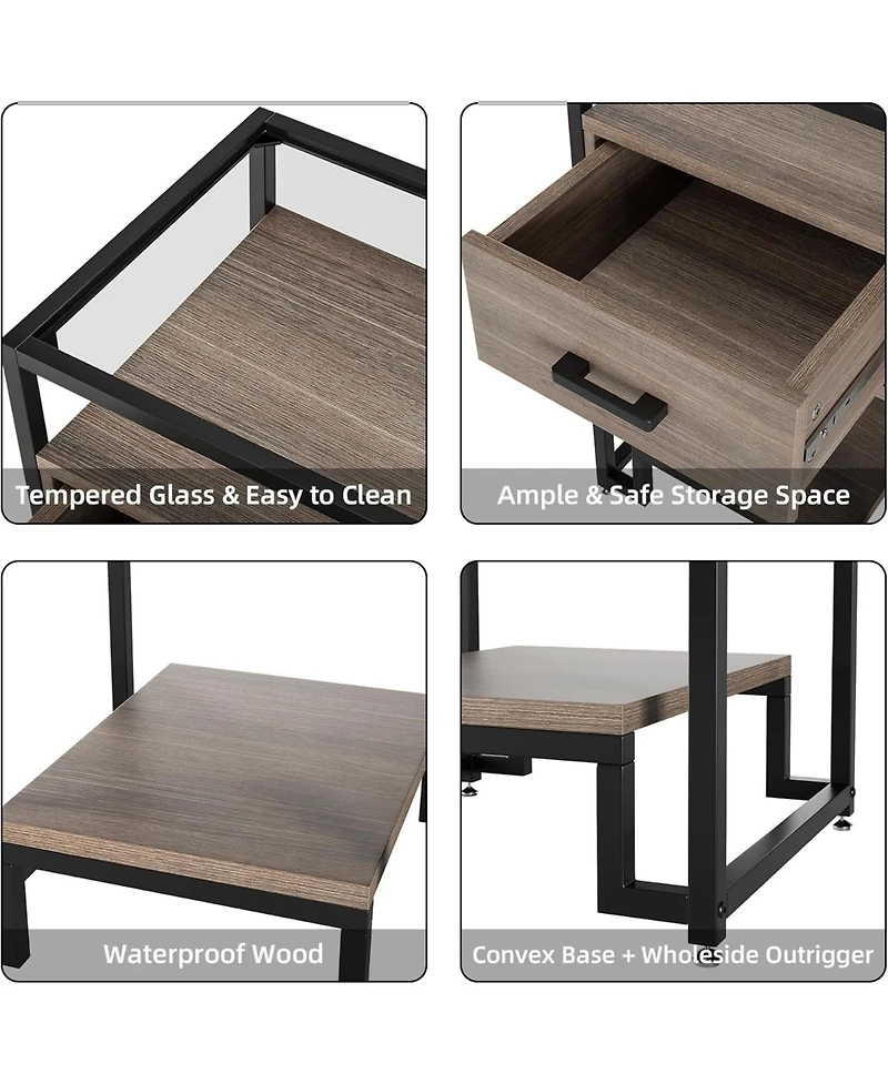 gaomon Nightstand, Mid Century Modern End Table with Storage Drawer and 3-Tier Storage & Tempered Glass Top, Bedside Furniture with Steel Frame