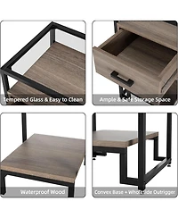 gaomon Nightstand, Mid Century Modern End Table with Storage Drawer and 3-Tier Storage & Tempered Glass Top, Bedside Furniture with Steel Frame