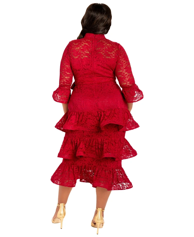 Buxom Couture Plus Lace Bell Sleeve Tiered Dress