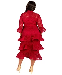 Buxom Couture Plus Lace Bell Sleeve Tiered Dress