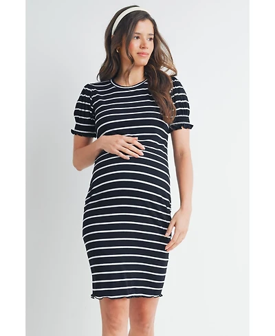 Hello Miz Maternity Striped Ribbed Mini Dress with Short Puff Sleeves