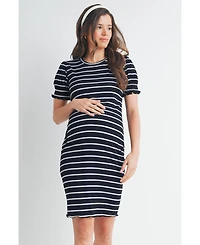 Hello Miz Maternity Striped Ribbed Mini Dress with Short Puff Sleeves