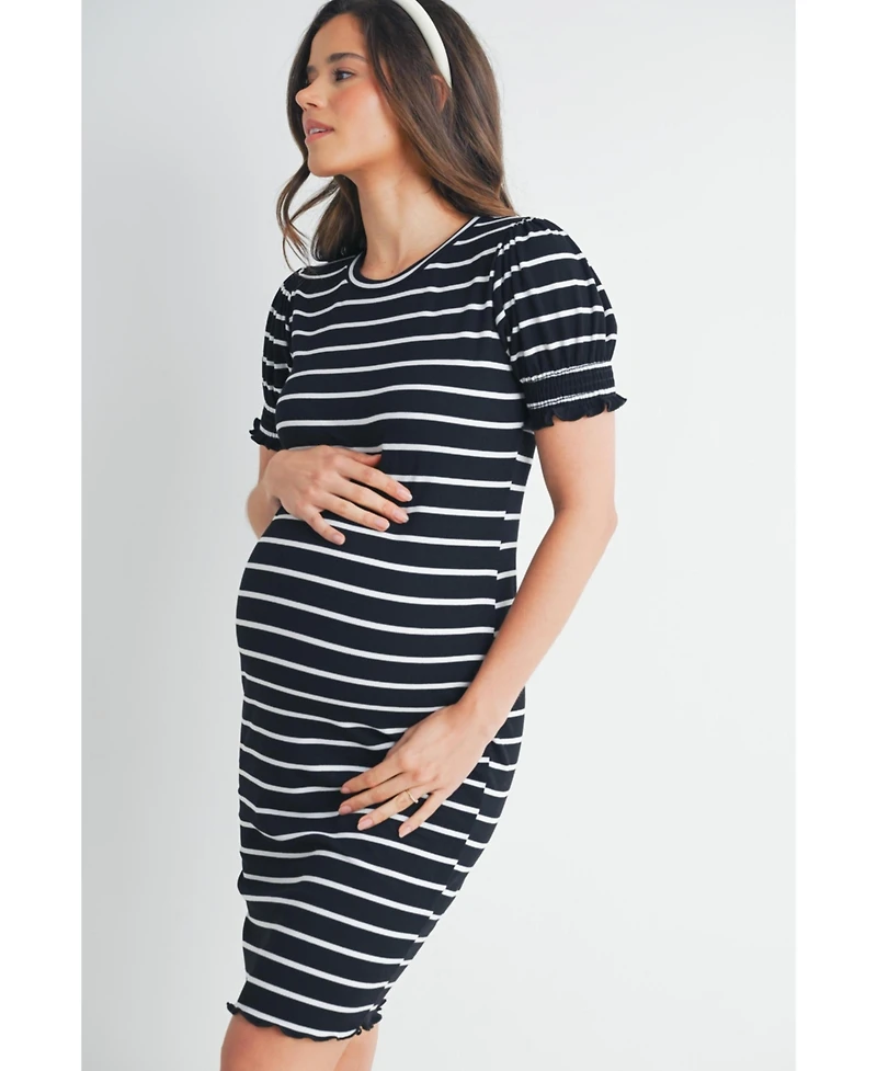 Hello Miz Maternity Striped Ribbed Mini Dress with Short Puff Sleeves