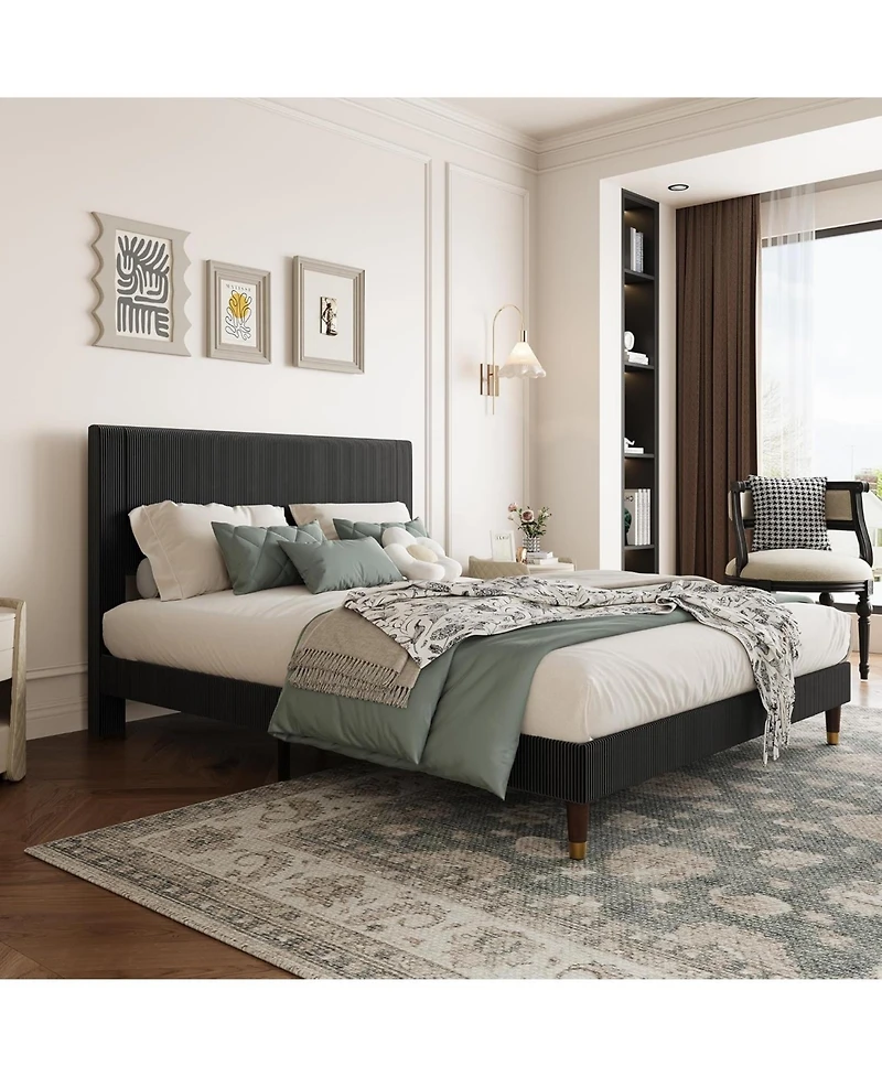gaomon Bed Frame with Headboard, Corduroy Upholstered Platform Wooden Slats Support - No Box Spring Needed & Noise Free