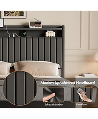 gaomon Upholstered Leather Led Light Charging Station Floating Bed Frame