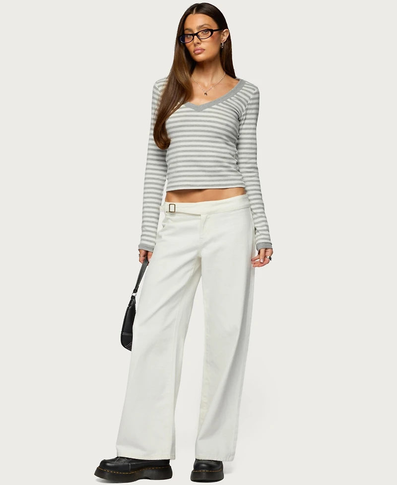 Edikted Women's Kimi Striped Long Sleeve V Neck Top