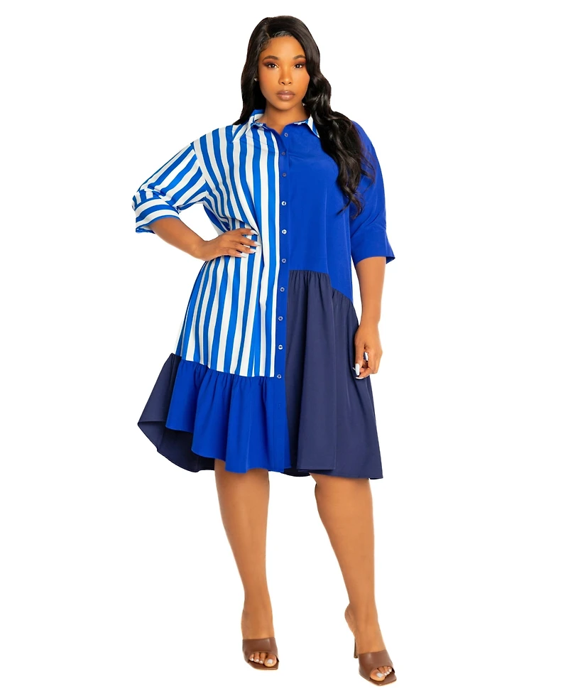 Buxom Couture Women's Plus Mixed Stripe Shirt Dress