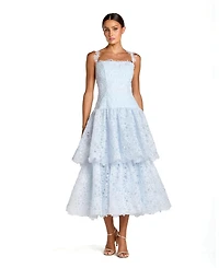 Mac Duggal Women's Petite Sleeveless Embroidered Lace Tiered Midi Dress