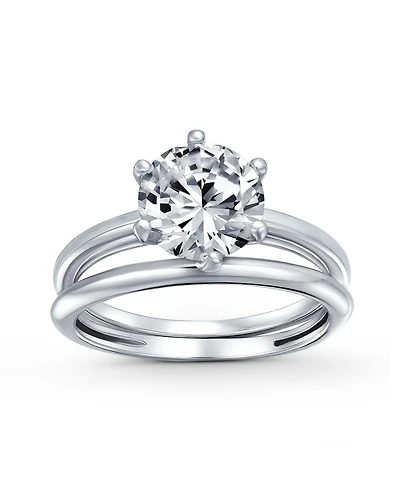 Bling Jewelry Traditional Cz Cubic Zirconia Promise 3CTW 6 Prong Solitaire Ring Set & Band Sterling Silver