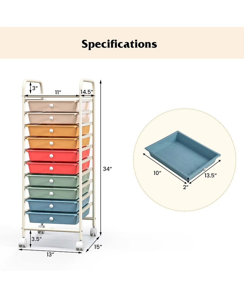 Costway 10 Drawer Rolling Storage Cart Scrapbook Paper Office School Organizer