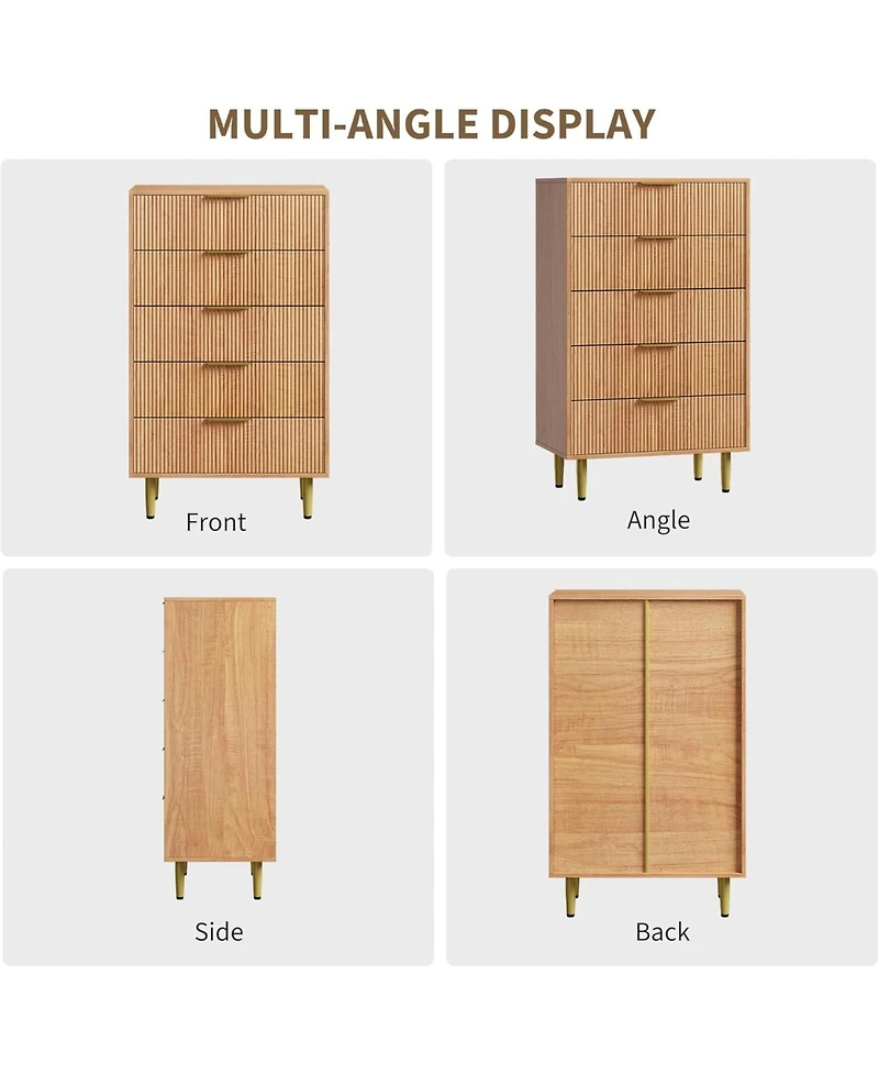 gaomon 5 Drawer Dresser for Bedroom, 29.5" Wood Chest of Drawers, Fluted Dresser with Metal Handle, Large Capacity Organizer for Hallway