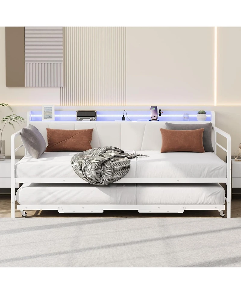 gaomon Daybed with Trundle and Led Light, Sturdy Metal Twin Size Bed Frame with Linen Upholstered Headboard and Charging Station, for Living Room